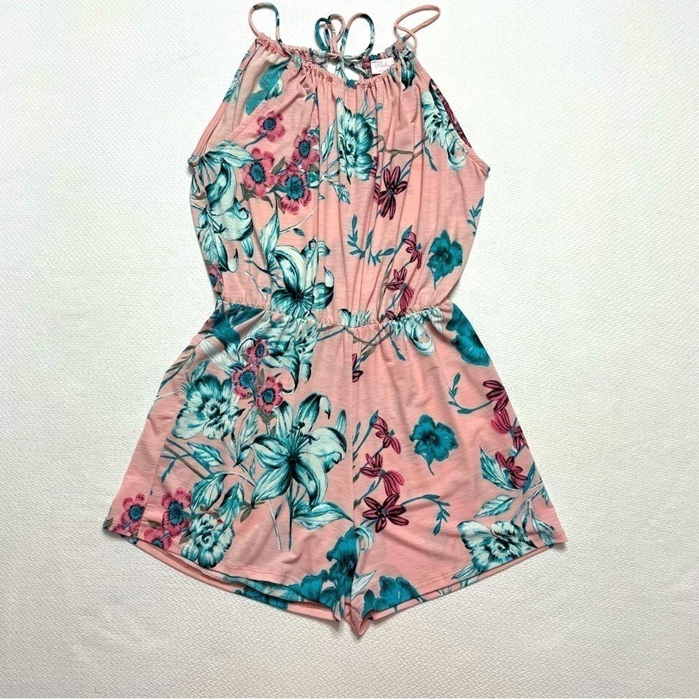Pink Lily Romper Spaghetti Straps Pink Blue Tropical Flowers Women's Size M/L
